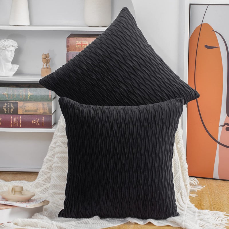 MADIZZ Set of 2 Super Soft Velvet Decorative Throw Pillow Covers 26x26 inch Black Square with Texture Luxury Style Cushion Case European Pillow Shell for Sofa Bedroom - Image 1